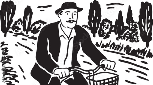 Man riding a bicycle in black and white vector illustration. Simple design elements depict an outdoor setting with greenery in the background.