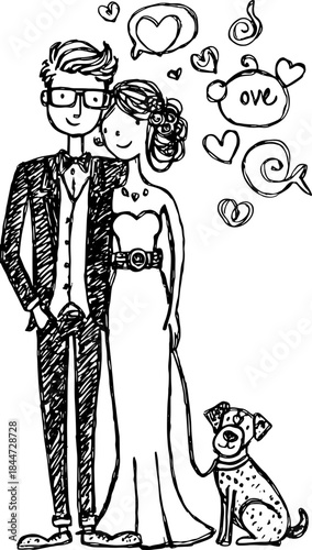 Couple in hand-drawn wedding attire with a dog. Black outline and cartoon illustration showcasing love and relationship themes. Vector art design.