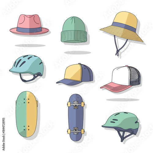 Casual Hats and Safety Helmets Illustration Collection