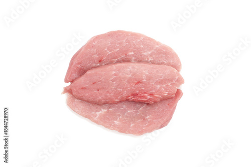 Three pieces of raw pork fillet isolated on white background. Juicy meat loins for cooking steaks. Top view.