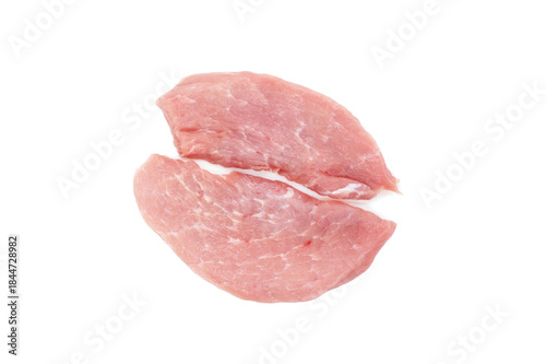 Two pieces of raw pork fillet isolated on white background. Juicy meat loins for cooking steaks. Top view.
