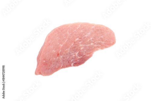 Piece of raw pork loin isolated on white background. Juicy meat fillet for cooking steaks. Close-up.Top view.