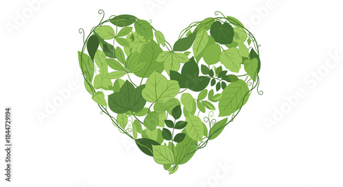 Heart shaped collage of green leaves and ivy vines conveying nature love growth and renewal for sustainable living awareness and harmony with the environment.