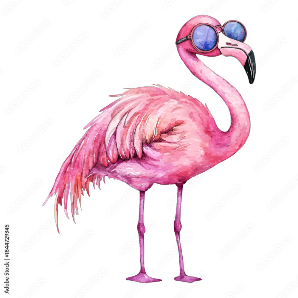 Fototapeta premium Cool pink flamingo bird wearing blue sunglasses watercolor vector illustration 