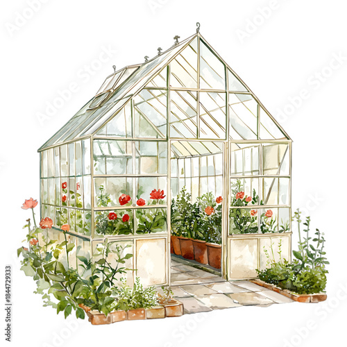 Watercolor garden greenhouse with red flowers and potted plants vector illustration
