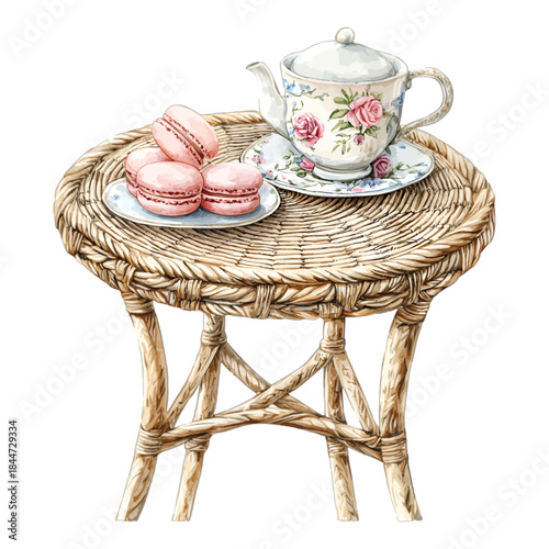 Watercolor tea pot and pink macarons on a rustic wicker table vector
