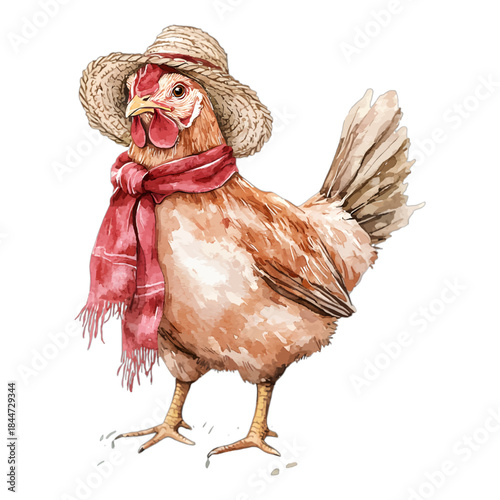 Chicken hen wearing straw hat and red scarf, watercolor vector
