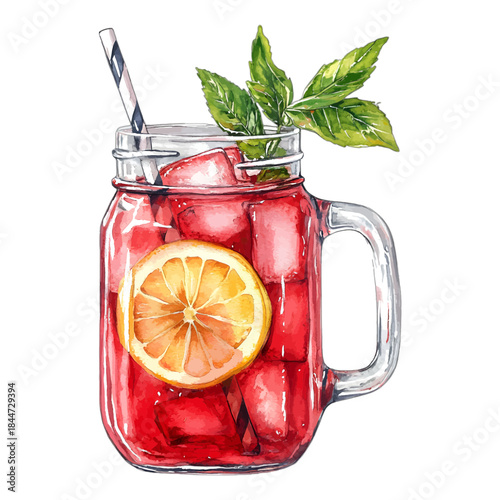 Watercolor red sangria fruit drink with lemon and mint in a mason jar, vector
