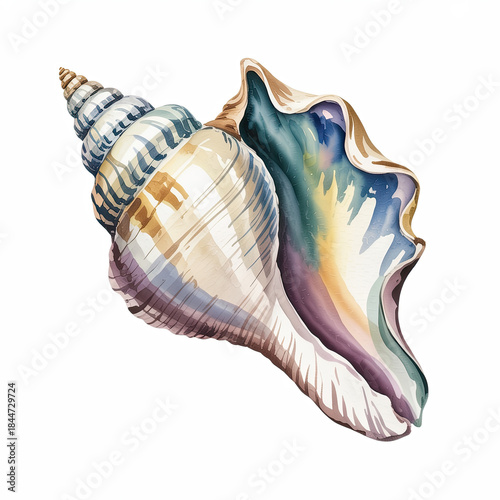 Realistic watercolor artwork of a conch seashell painted in delicate lavender, cream, and soft blue tones, isolated on white.