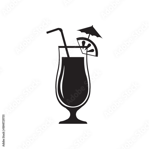Black silhouette tropical cocktail refreshing summer party beverage graphic Vacation resort drink icon with straw