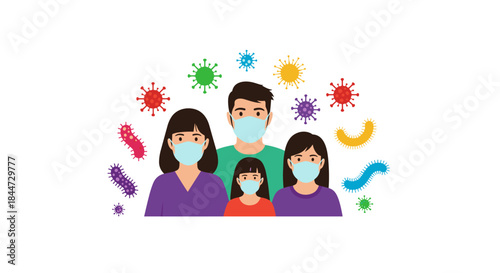 Family wearing protective masks stands together as colorful virus icons swirl around them to symbolize health safety and togetherness during a pandemic.