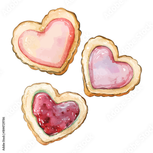 Watercolor Heart Shaped Cookies with Jam Filling Vector Illustration

