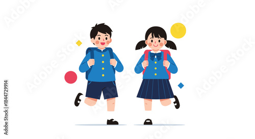 Two smiling schoolchildren in blue uniforms run together with backpacks on a sunny day heading to class enjoying the start of a new lesson.