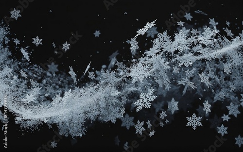 Night snowfall PNG abstract texture. White snowflakes falling on black