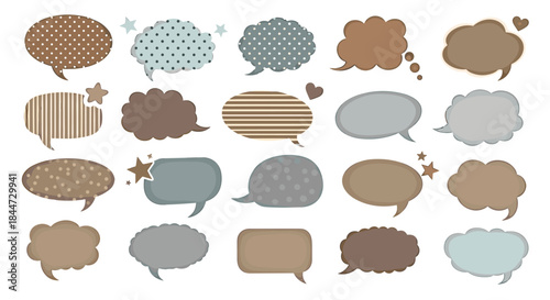 Dense collection of speech bubbles with varied shapes textures and colors arranged in a grid ready to illustrate conversations ideas and dialogue in design