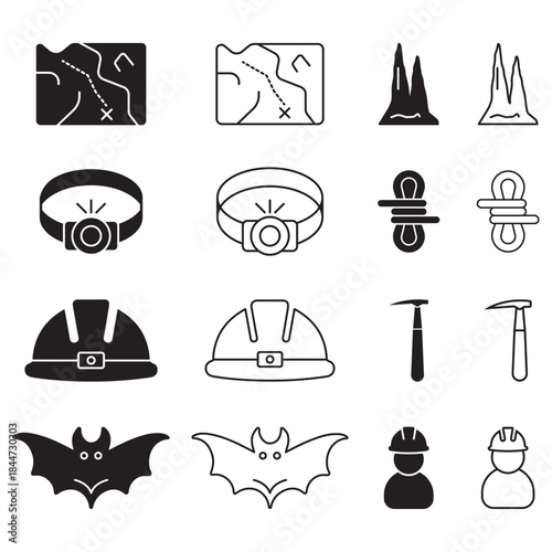 Cave Exploration Icons. cave map, headlamp, rope, stalagmite, cave scientist, rock hammer, bat colony, helmet. solid and line icon set.