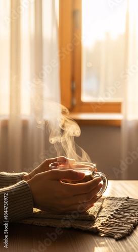 Woman's hands holding steaming glass cup of hot tea or coffee on wooden table near window with warm morning sunlight, cozy winter or autumn lifestyle concept