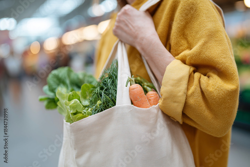 A woman is holding a bag of vegetables, including carrots and lettuce