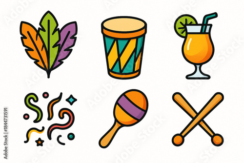 Stylized Carnival Icon Set – Vibrant Vector Festive Elements on White Background