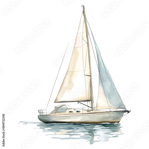 Watercolor Sailboat Illustration on Water, Isolated Marine Life Vector
