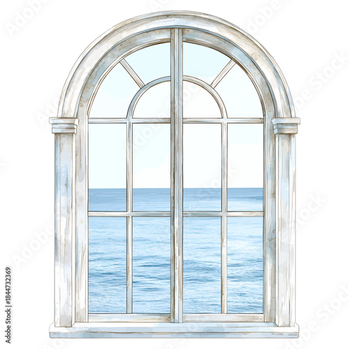 Arched Window with Sea View Illustration, Ocean Landscape Vector
