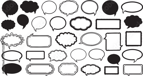 Collection of various speech bubble and label icons in black and white suitable for graphic design and communication projects
