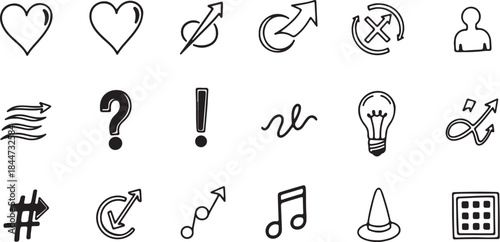 Icon set featuring hearts arrows question marks exclamation points and various symbols for design and communication purposes