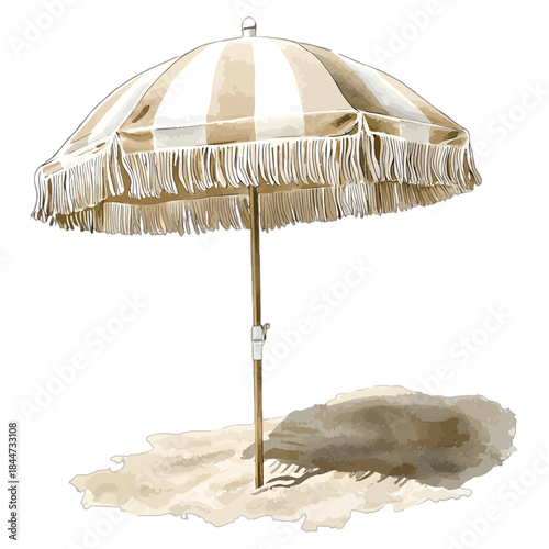 Watercolor Striped Beach Umbrella with Fringe Illustration

