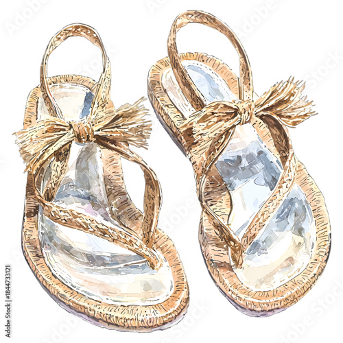 Watercolor Gold Sandals with Bow Illustration
