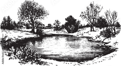 Engraving of a winter pond surrounded by trees. Black and white vector illustration depicting tranquil water and nature in a serene landscape.