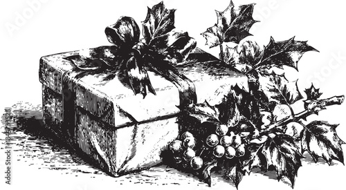 Black and white etching of a Christmas gift box wrapped with a ribbon and holly. This vector illustration captures vintage appeal.