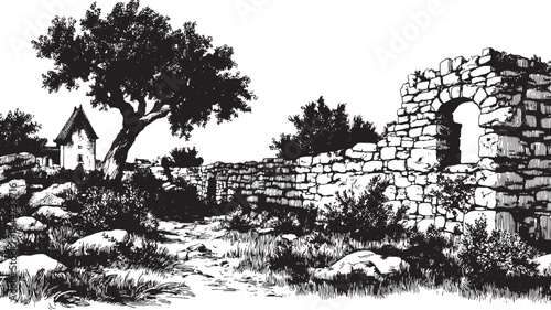 Landscape illustration featuring an old tree and stone wall. Scenic garden view in black and white vector format, presented as a set.