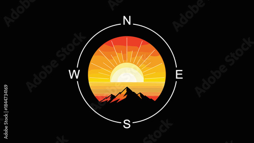 Compass with Mountain Sunset Silhouette Design.
