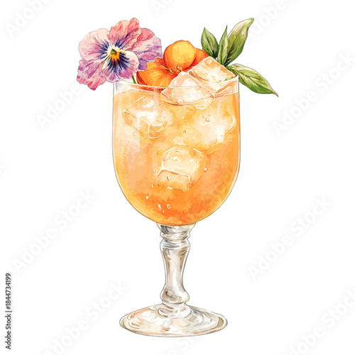 Watercolor Illustration of an Aperol Spritz Cocktail with Edible Flower
