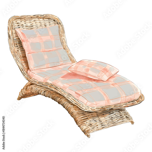 Wicker Rattan Chaise Lounge Chair with Pink Plaid Cushion Vector Illustration
