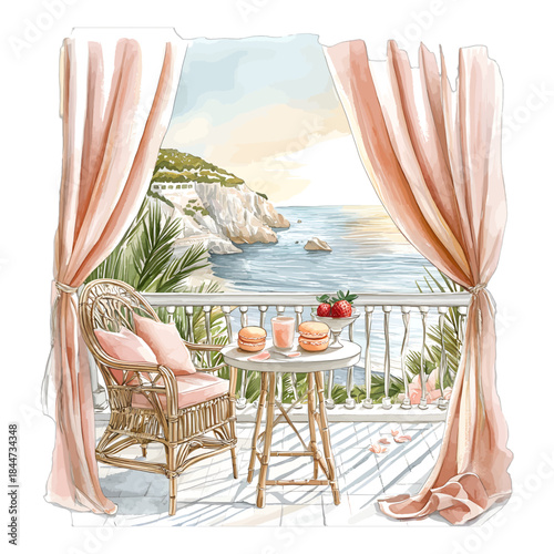 Watercolor Illustration of a Balcony with Rattan Furniture and Ocean View
