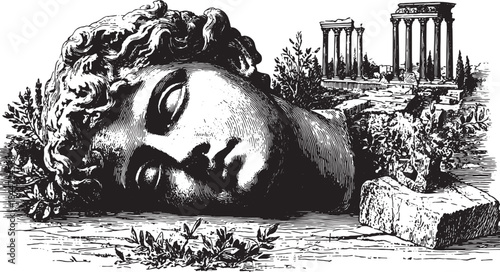 Classical head statue in detailed grayscale art. This historical vector illustration features ruins and foliage, showcasing architecture and culture.