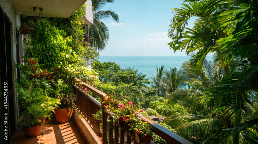 Fototapeta premium Tropical Balcony with Ocean View and Lush Greenery