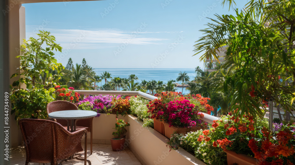 Fototapeta premium Balcony with Flowers and Ocean View