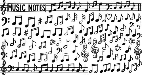 Collection of hand drawn black and white music notes symbols and clefs scattered randomly