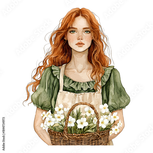 Watercolor Illustration of a Woman with Red Hair Holding a Basket of White Flowers
