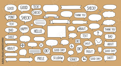 Collection of hand drawn speech bubbles and banners with various short messages on brown background