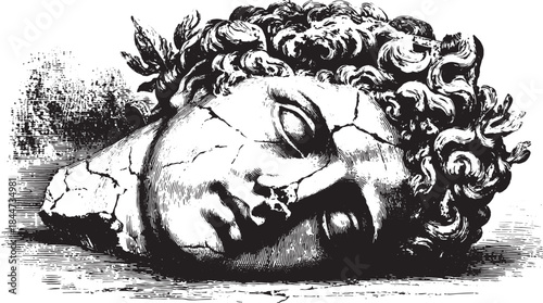 Broken marble head statue in detailed illustration. Grayscale art featuring ancient sculpture with realistic texture, perfect for vector use.