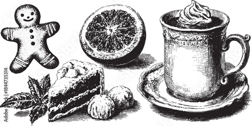 Gingerbread cookie, coffee with cream, and cake. Black and white illustrations of holiday treats in a vintage vector set.