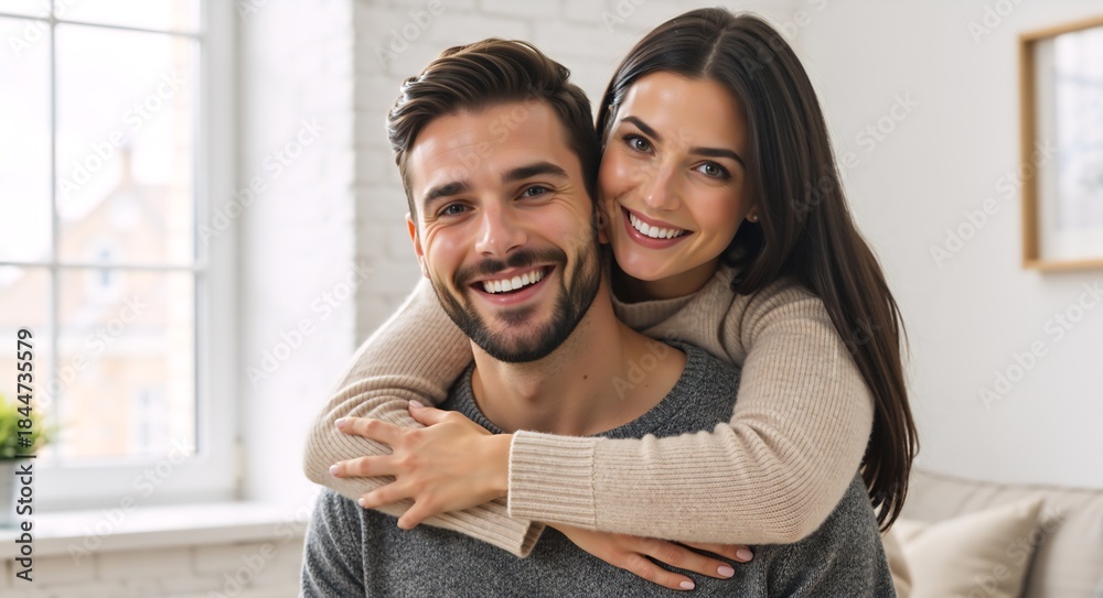 Fototapeta premium Happy young couple hugging at home. Portrait of a smiling woman embracing her boyfriend from behind. Love and relationship concept