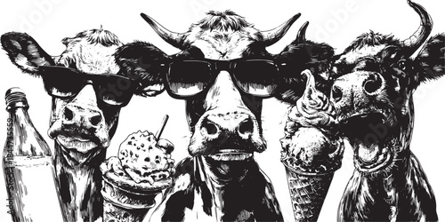 Three cow characters wearing sunglasses, each holding ice cream and a drink. This fun vector illustration showcases a playful dairy set.