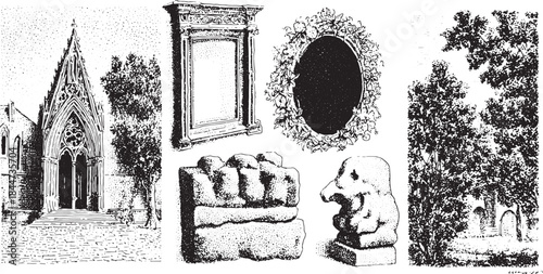 Gothic architecture elements including ornate frames, statues, and trees. Detailed black and white vector illustration set.