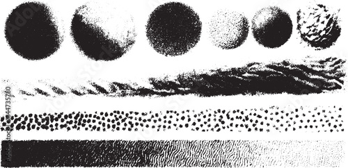 Black and white texture patterns featuring spheres, lines, and dots. This vector illustration showcases a variety of shapes in a simple, abstract style.