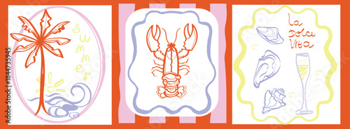 Dolce Vita poster set. Doodle-style seafood, and palm tree, sun and sea,   card design. Italian sketches with limoncello, lobster, and seafood. Hand-drawn vector illustration