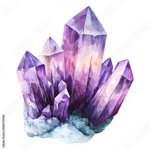 Watercolor Illustration of a Cluster of Purple Amethyst Crystals Geode
